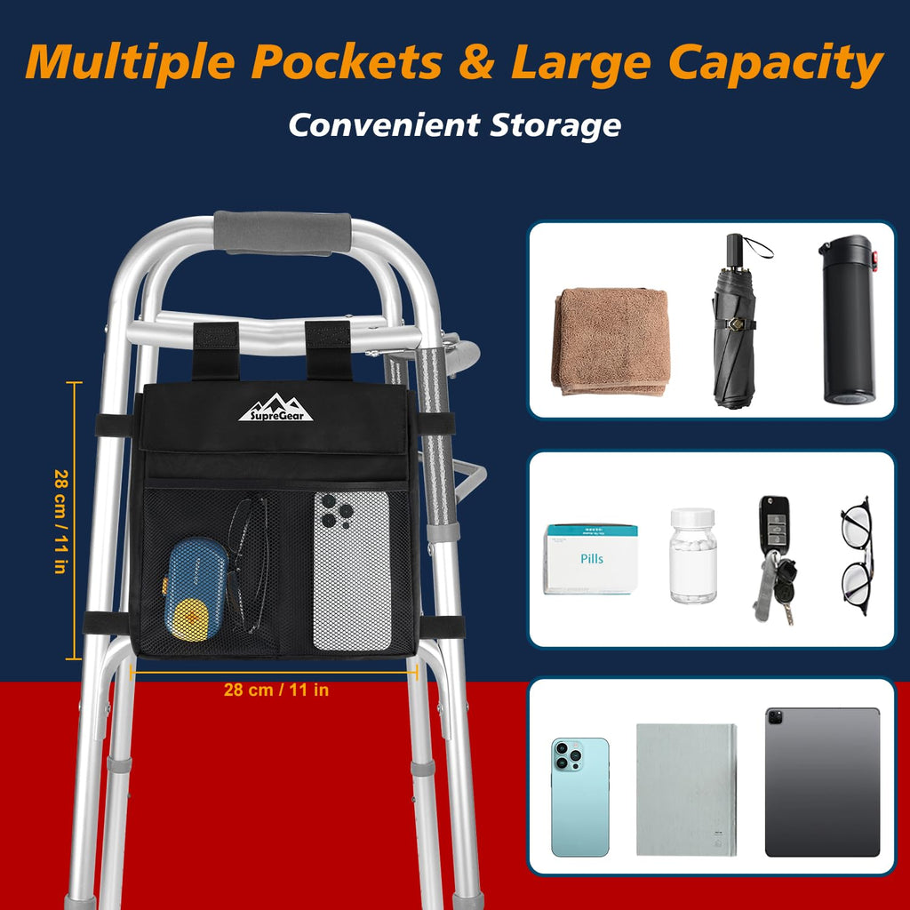 supregear Walker Side Bag, Multi Pocket Storage Pouch for Folding Walker, Water Resistant Lightweight Hand Free Carrier Tote, Universal Size Seniors Caddy Attachment