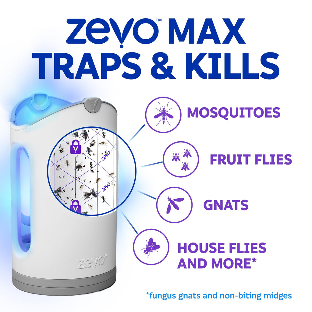 Zevo MAX Bug Catcher & Fly Trap for Indoors - Flying Insect Trap for Gnats, House & Fruit Flies - Use in Any Room - No-Mess Disposal (2 Plug in Bases & 3 Cartridges)