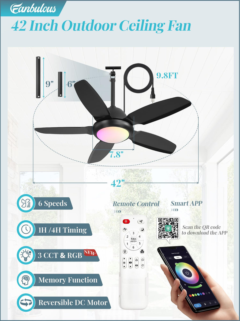 Fanbulous 42 Inch RGB Waterproof Outdoor Ceiling Fan with Lights,APP & Remote Control,IP65 Hanging Gazebo Fan with 3CCT 6-Speed DC Motor,Black Wet Rated Plug in with Cord for Patios Porch Pergola