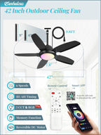 Fanbulous 42 Inch RGB Waterproof Outdoor Ceiling Fan with Lights,APP & Remote Control,IP65 Hanging Gazebo Fan with 3CCT 6-Speed DC Motor,Black Wet Rated Plug in with Cord for Patios Porch Pergola