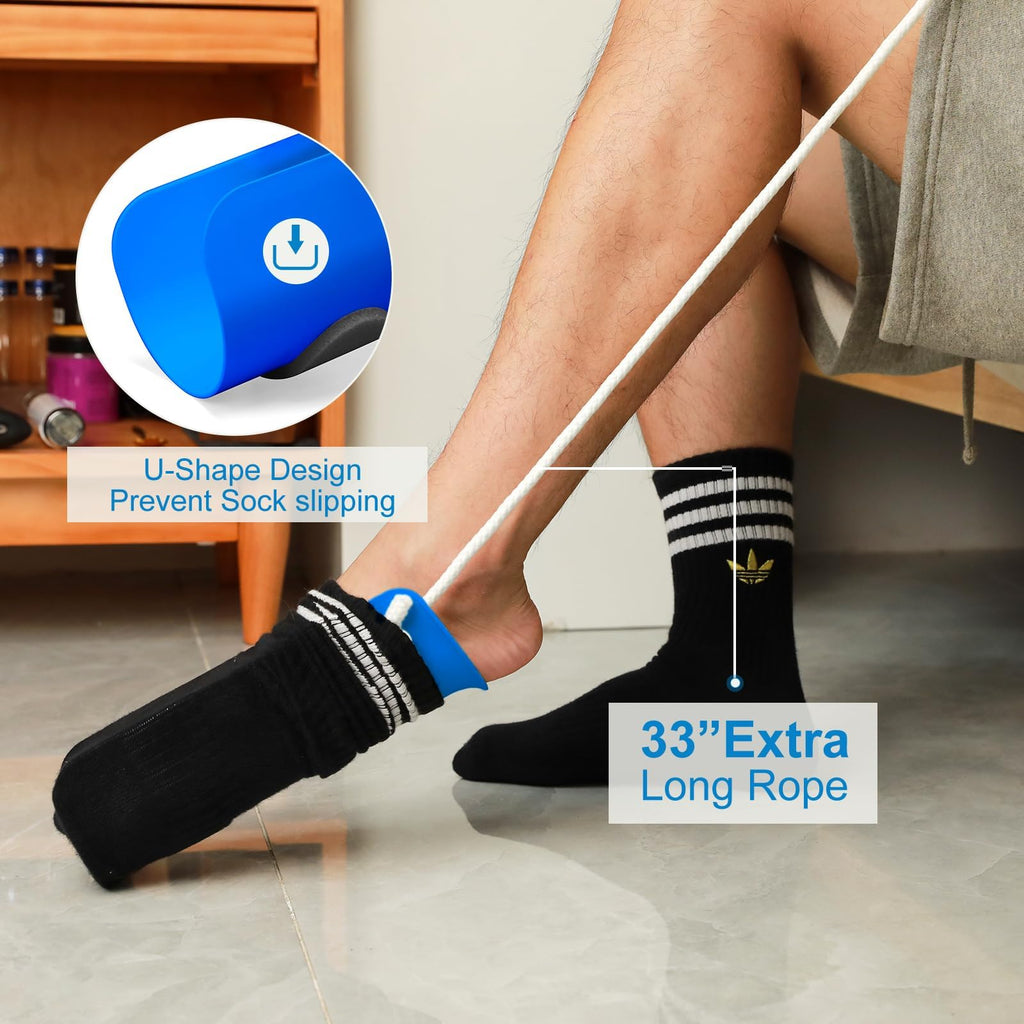 Jellas 4.0 Inch Wide Sock Aid Kit - Long Rope Assist Device for Seniors, Limited Mobility, Post-Surgery | No Bend Sock Helper & Remover | Easy On/Off Socks Tool (Blue)