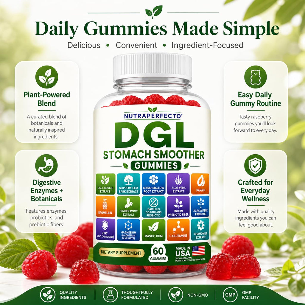 Sugar Free DGL Stomach Smoother Gummies with DGL Licorice, Slippery Elm, Marshmallow Root, Aloe Vera, Probiotic & Prebiotic Fiber, Ginger, Mastic Gum, L-Glutamine, Zinc Carnosine, Digestive Support