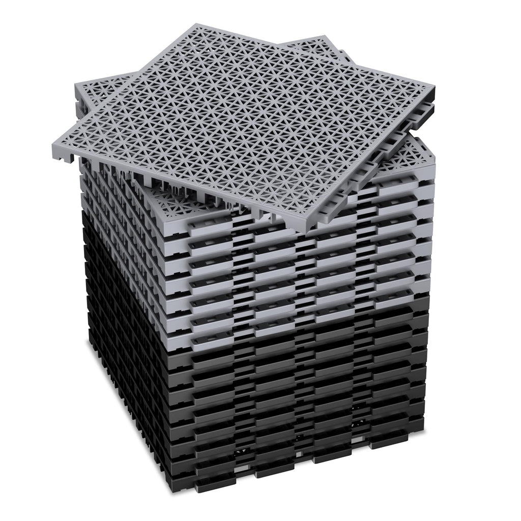 16 PCS Modular Interlocking Cushion Interlocking Floor Tiles with Hole Drainage Mat 10" x 10" Non Slip Pool Deck Mat Outdoor for Drain Deck Pool Patio Shower Kitchen Balcony (Black&Grey)
