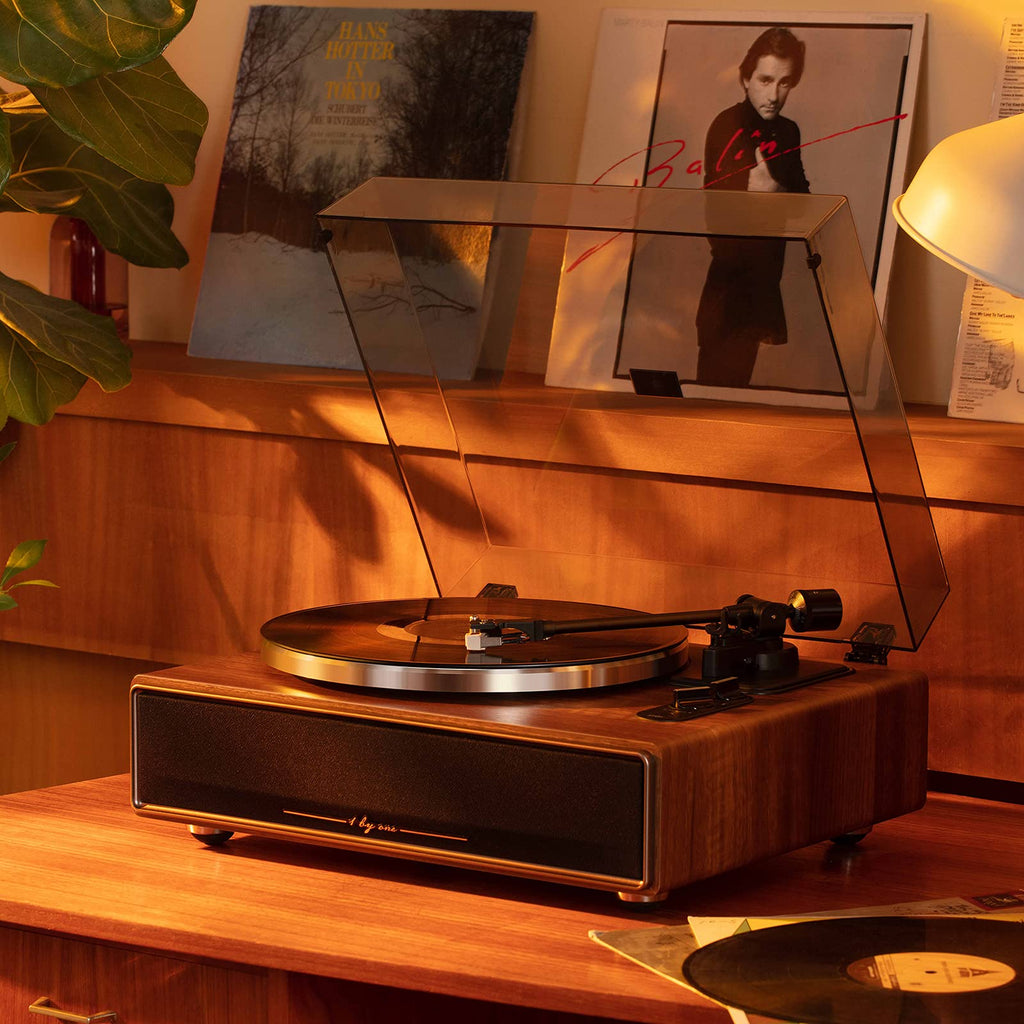 1 BY ONE High Fidelity Belt Drive Bluetooth Turntable with Built-in Speakers, Vinyl Record Player with Magnetic Cartridge, Wireless Playback and Aux-in Functionality, Auto Off