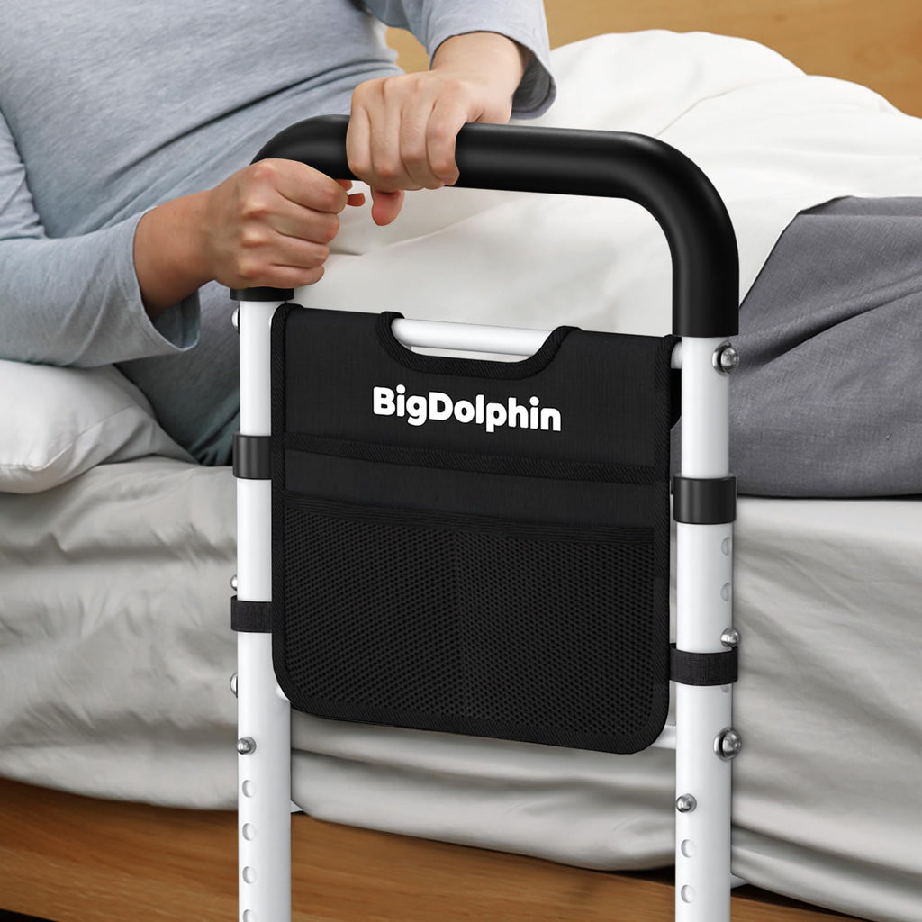 BigDolphin Bed Rails for Elderly Adults - ASTM Approved, 350 LBS Capacity, Tool-Free Assembly, Non-Slip Ergonomic Handle with Storage Pocket, Safe Bed Rails for Seniors