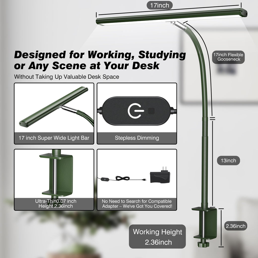 Airlonv LED Desk Lamp for Office Home, Eye-Caring Desk Light with Stepless Dimming Adjustable Flexible Gooseneck, 10W USB Adapter Desk Lamp with Clamp for Reading, Study, Workbench (Green)