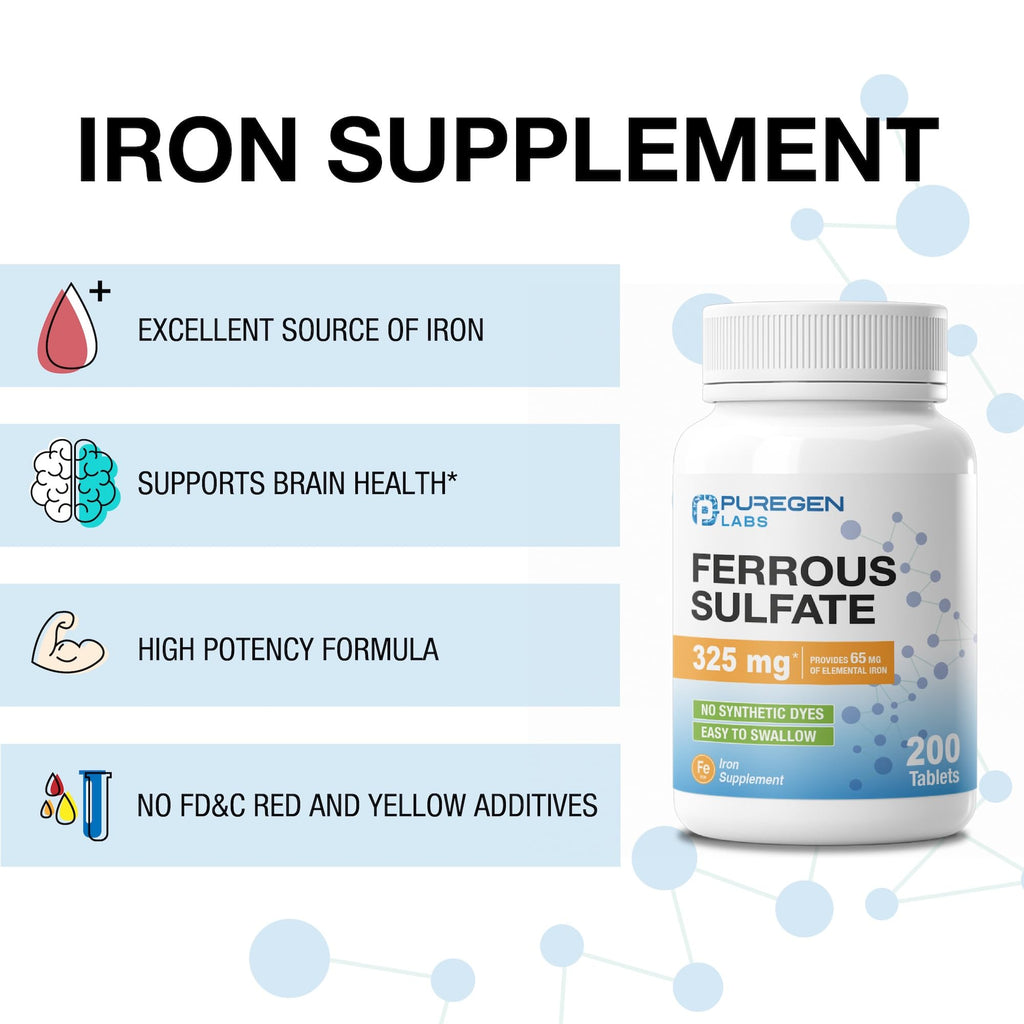 Puregen Labs Ferrous Sulfate 325 mg (65 mg Elemental Iron) High Potency Iron Supplement | No Artificial Color Additives - 600 Tablets