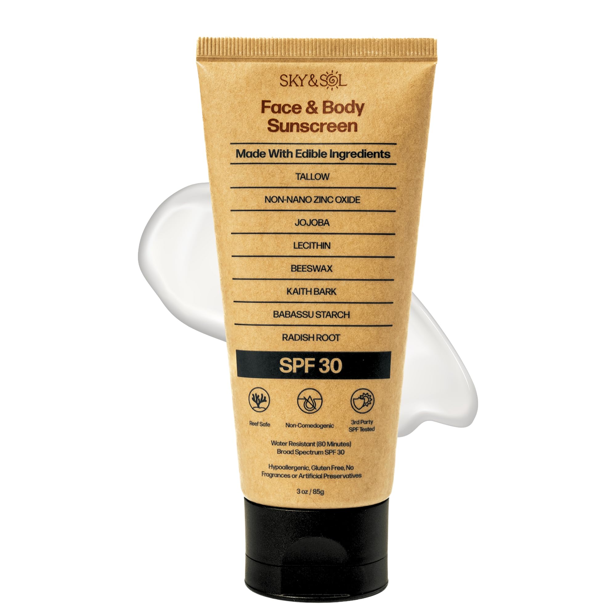 Sky and Sol Natural Mineral Sunscreen SPF 30 3 oz: Natural Tallow & Zinc Oxide, Reef Safe, Water Resistant, Fragrance-Free, Non-Greasy Formula for Face and Body