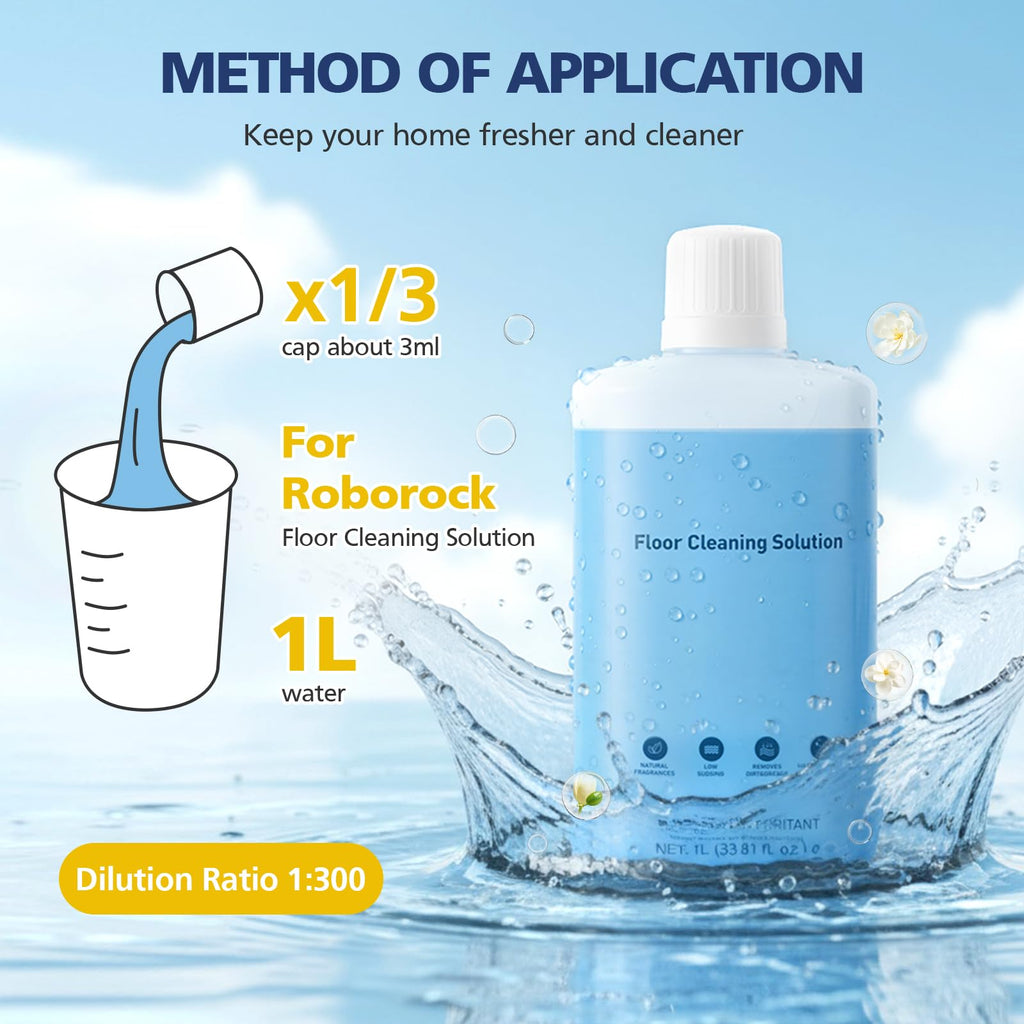 VILLAPOOL Floor Cleaning Solution Compatible with Roborock Robot Vacuums & Wet Dry Vacuums, Deep Cleaning Formula for Hardwood, Tile & Laminate Floors, Gentle and Powerful, 1L (33.8 fl oz)