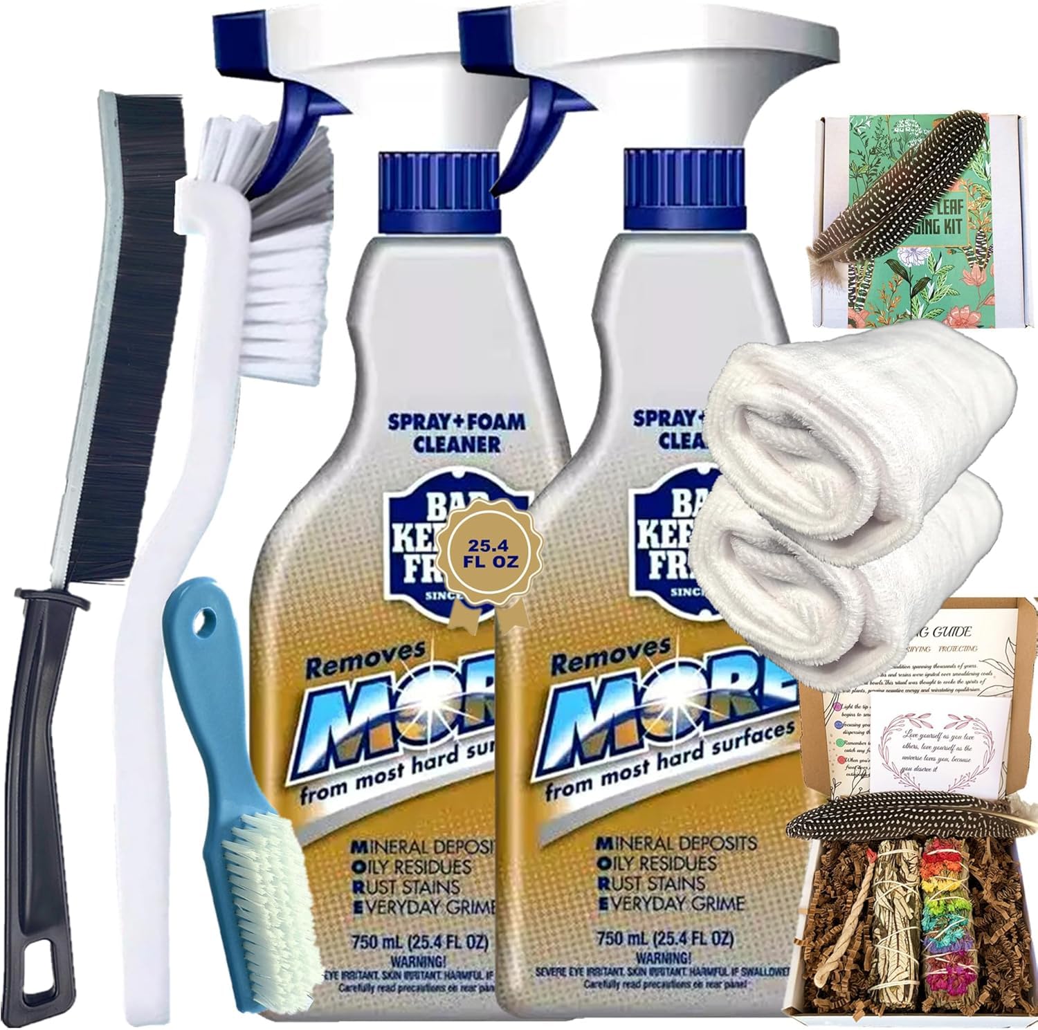 Bar Keeper's Friend Spray and Foam Cleaner, 25.4 Fl Oz, (Pack of 2) Bundled With 2x Microfiber Towel, L Sharp Cleaning Brush, Scrub Brush, Crevice Cleaning Brush and Nature Air Freshener Gift