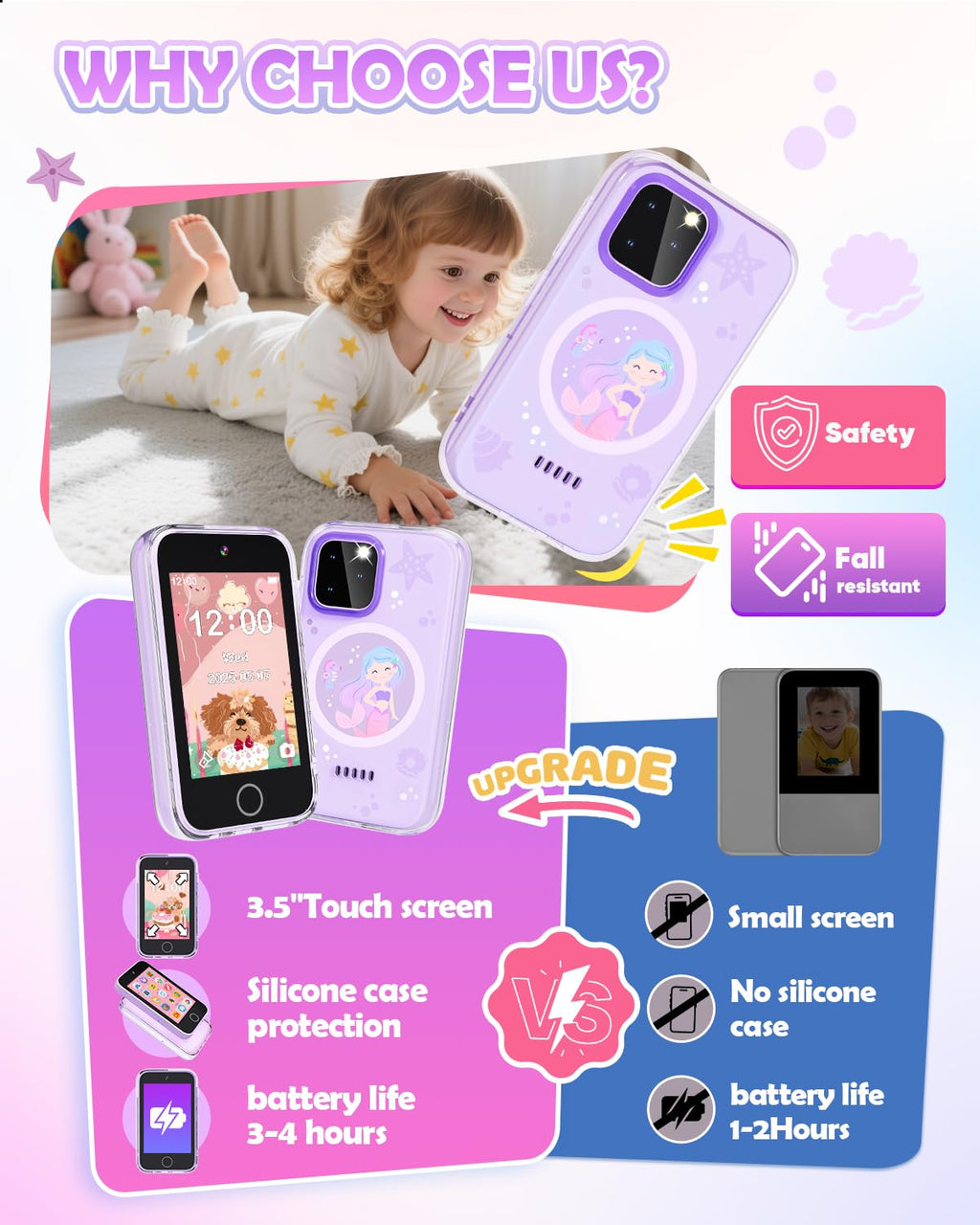 Dylanto Kids Phone ,3.5'' Touchscreen Phone for Kids Learning Play Toys for 3-9 Years Old Girls with Dual Camera,Video Players,Game,Christmas Birthday Gifts for Girls Age 3 4 5 6 7 8 9 -Purple