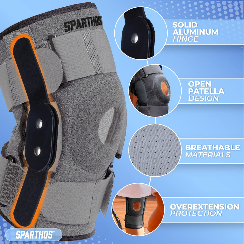 Sparthos Knee Brace - Heavy-Duty Hinged Support for ACL, MCL, Meniscus Tear, Arthritis, Tendonitis Pain - Open Patella - 4-Strap Adjustable, For Men and Women, Check Size Chart (Medium, 12½-15½″ Thigh)