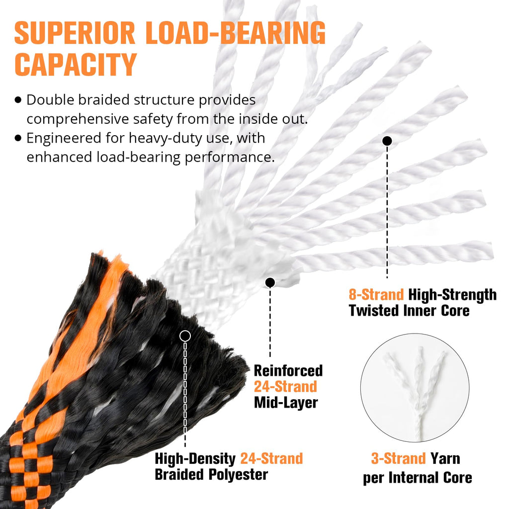 Double Braided Arborist Rigging Rope - 1/2 in X 100 ft 48 Strands Rappelling Outdoor Pulling Heavy Duty Polyester Bull Rope for Swing Tree Work Camping Rescue Hiking - Black