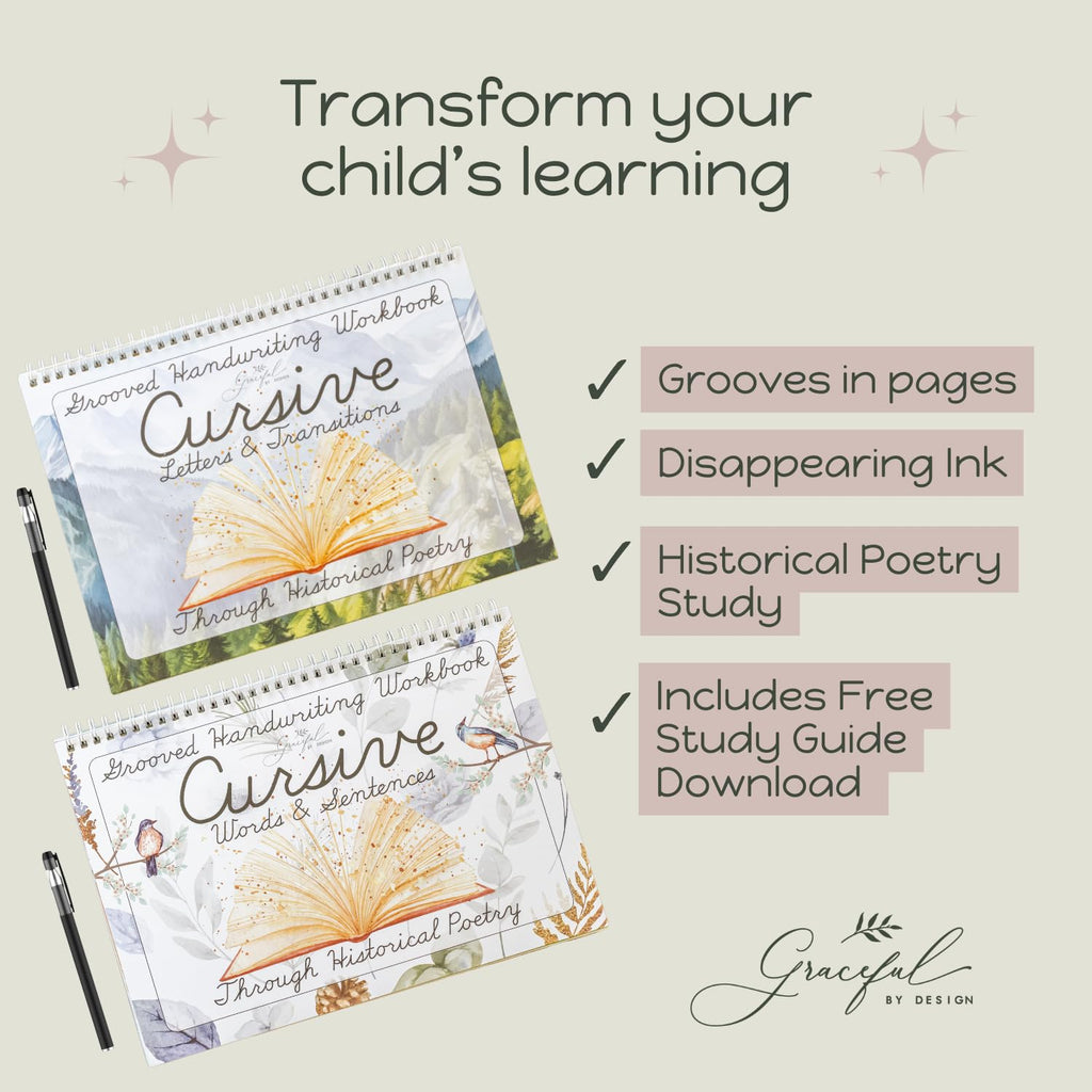 Grooved Cursive Handwriting Workbook by Graceful By Design - Magic Reusable Grooved Handwriting Practice for Kids and Cursive Workbook for Kids Ages 8-12