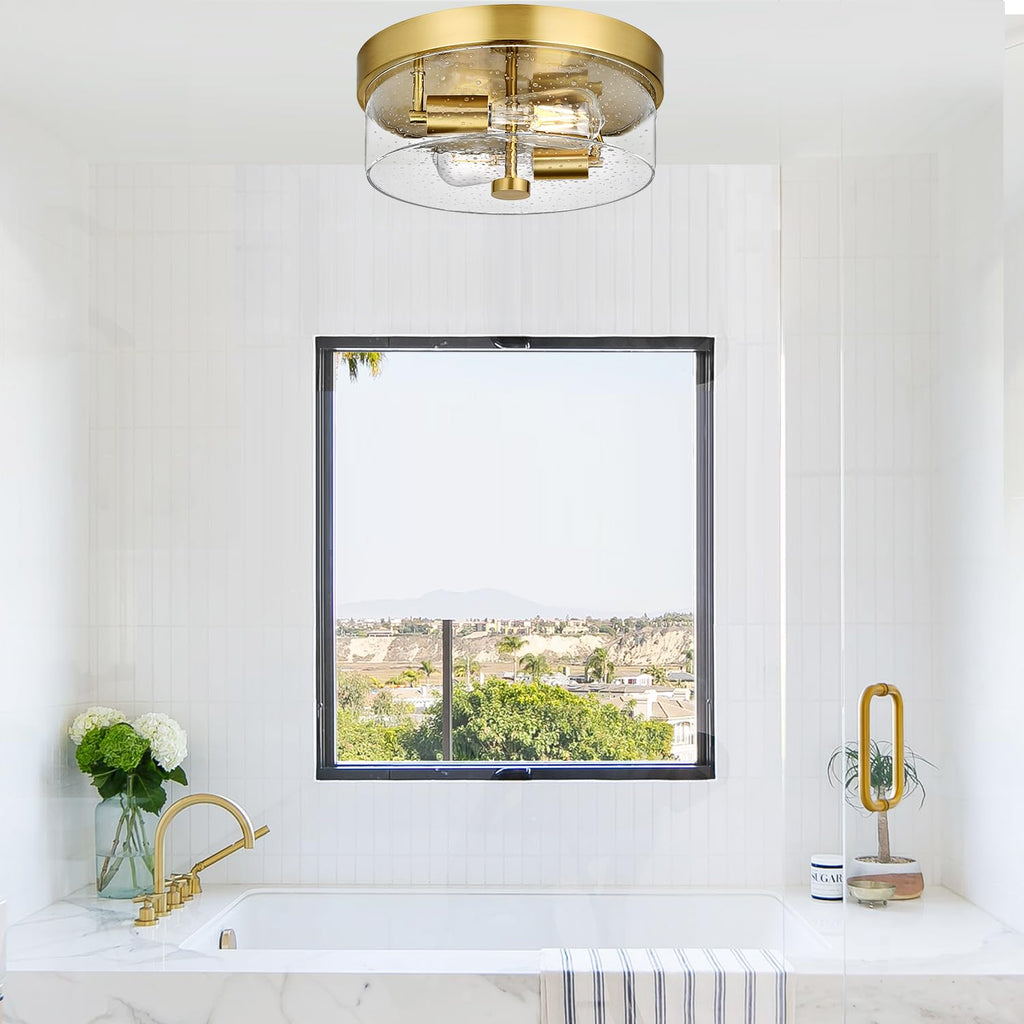 Flush Mount Ceiling Light Fixtures, 2-Light Gold Ceiling Mount for Farmhouse with Seeded Glass Lampshade, Industrial Flush Mount Light Fixture Farmhouse for Hallway, Kitchen, Entryway and Foyer