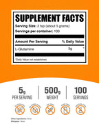 BulkSupplements.com L-Glutamine Powder - Glutamine Supplement, for Recovery & Gut Health - Unflavored & Gluten Free, 5g (5000mg) per Serving, 500g (1.1 lbs) (Pack of 1)