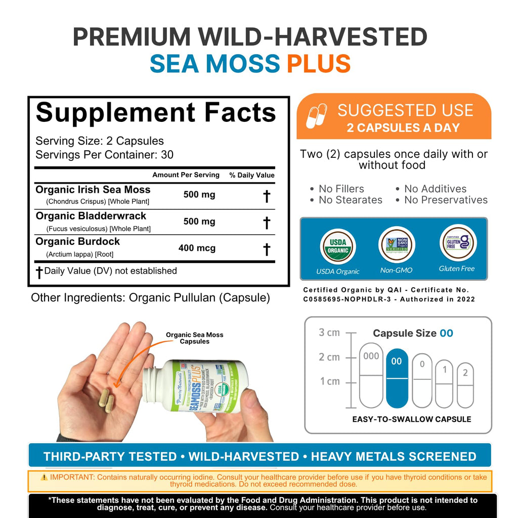 Power By Naturals SeaMoss Plus - USDA Organic Irish Sea Moss Capsules w/Wild Harvested Irish Seamoss, Bladderwrack & Burdock Root Immunity Supplement Sea Moss Pills for Adult 60Ct - 1 Pack