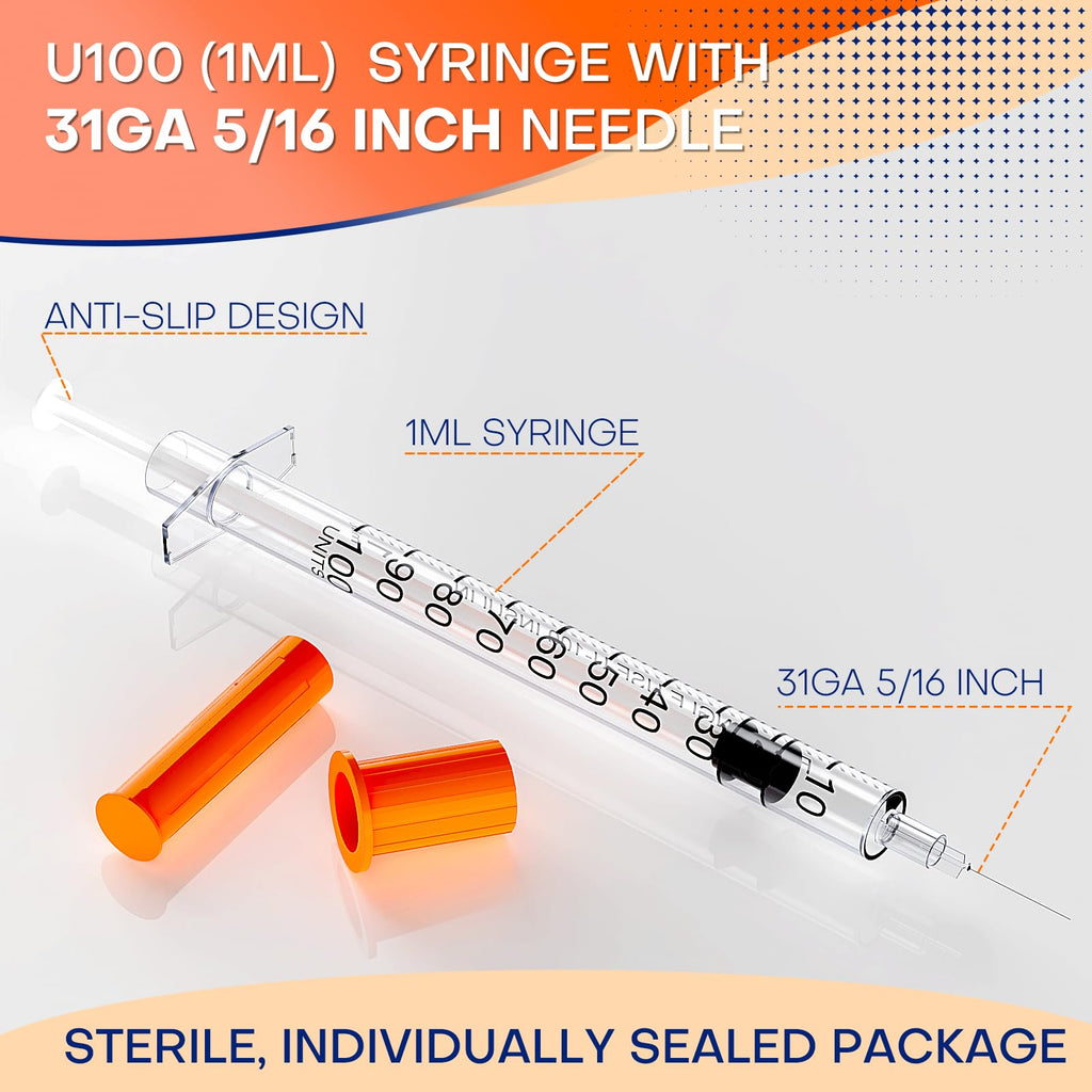 1ml/cc Syringe with Needle, 31 Gauge 5/16 Inch(8mm) Pack of 25