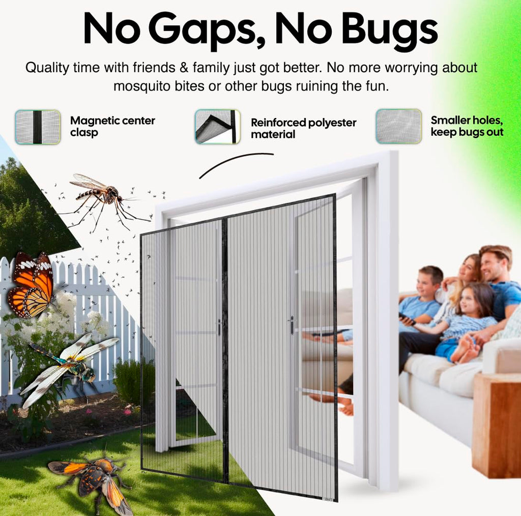UnBugs Magnetic Screen Door - Fits French Door & Double Doors up to 50 x 82 Inches MAX - Pet & Kid Friendly, Self-Closing - Hands Free Magnet Closure Keeps Bugs Out & Breeze in