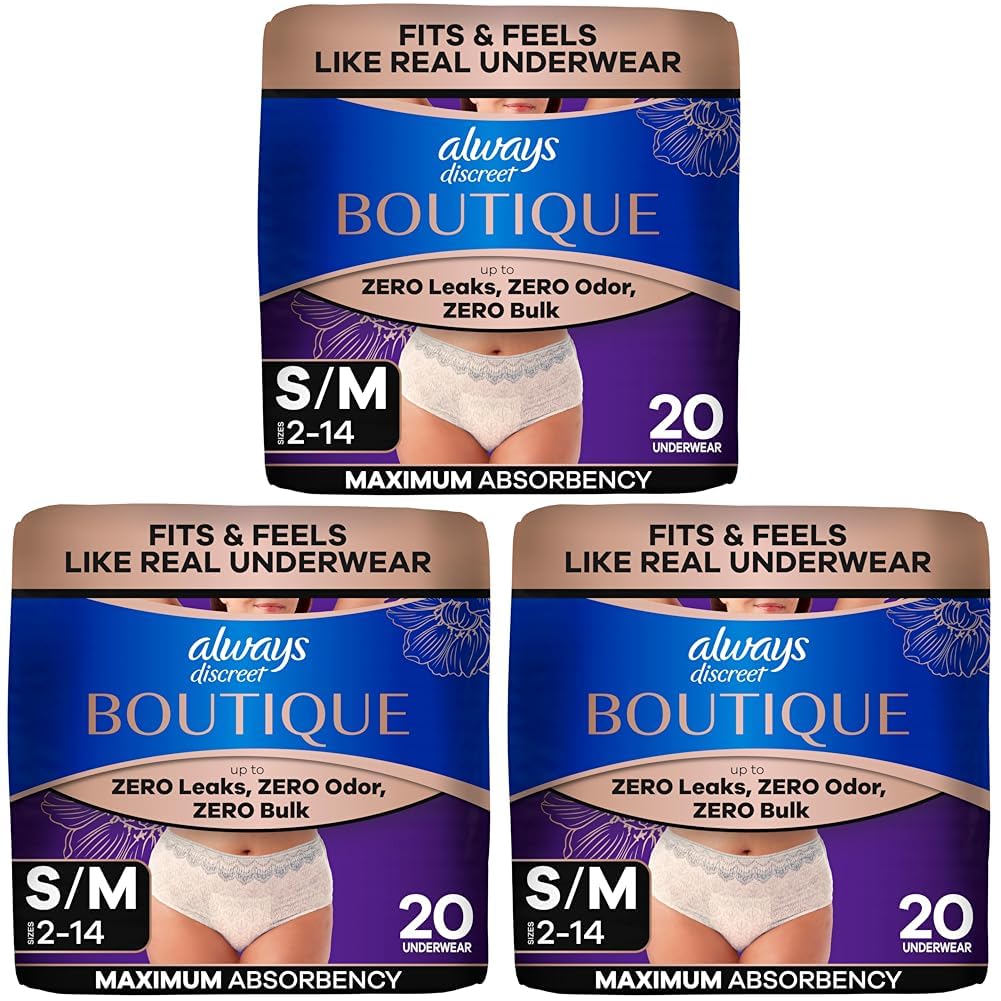 Always Discreet Boutique Incontinence and Postpartum Underwear for Women, Maximum Protection, Small/Medium, Rosy, 12 Count (Pack of 3)
