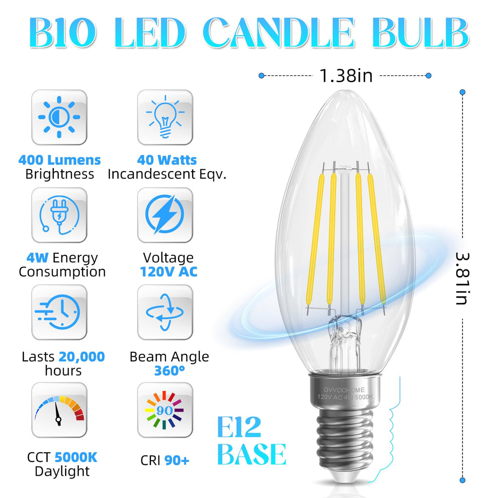 GvvooHome Candelabra Bulb, E12 LED Bulb 40 watt Equivalent, 5000K Daylight