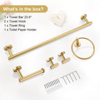 TQKAG 5 Piece Bathroom Accessories Set Brushed Gold Bathroom Hardware Set 23.6 Inch Bath Towel Bar Set SUS304 Stainless Steel Towel Rack Set