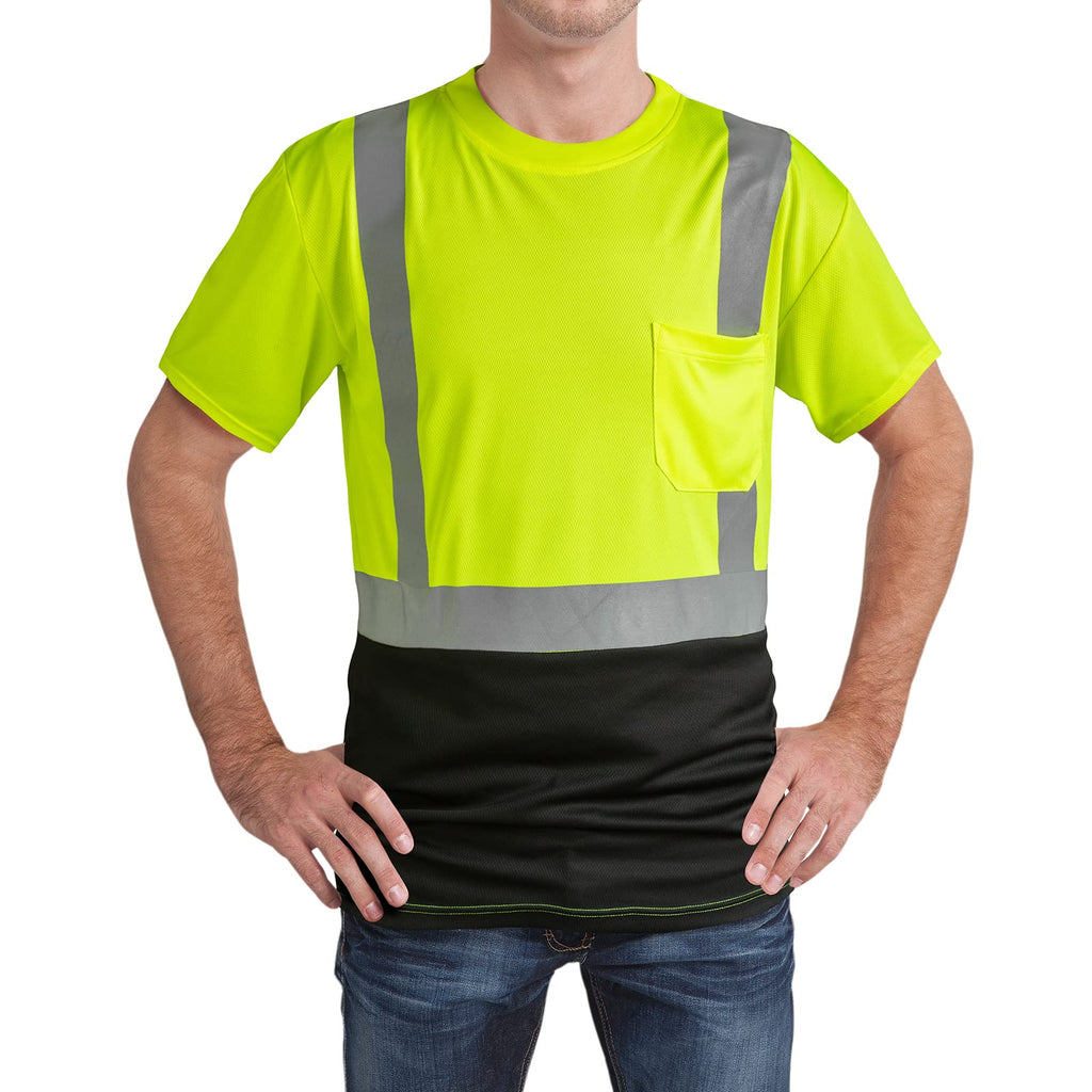 DPSAFETY Hi Vis Safety Shirts，High Visibility T Shirts with Reflective Strips and Pocket, Quick Dry Mesh Construction Work Shirt for Men/Women Black Bottom Lime 3pk 2XL
