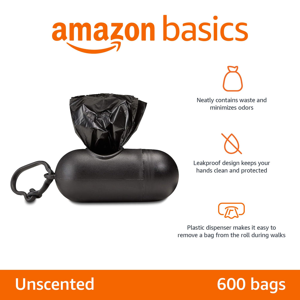 Amazon Basics Dog Poop Leak Proof Bags with Dispenser and Leash Clip, Unscented, 13" x 9", 600 Count