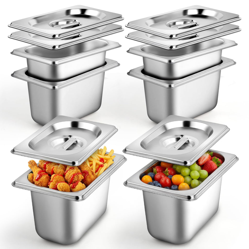 West Bay 6 Pack 1/9 Size Hotel Pan with Lids, 4'' Deep Steam Table Pan with Lid, 5.3'L x 2.7''W Stainless Steel Pans for Home, Party, Hotel, Buffet