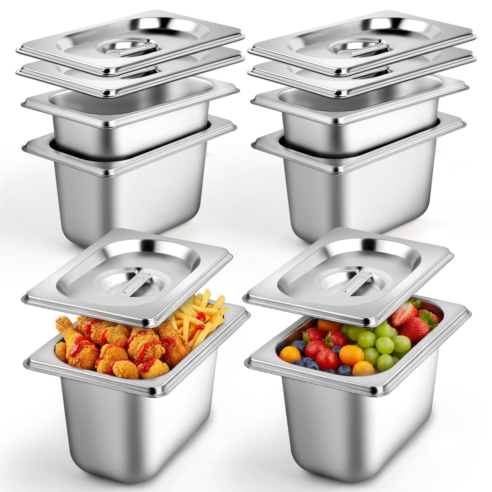 West Bay 6 Pack 1/9 Size Hotel Pan with Lids, 4'' Deep Steam Table Pan with Lid, 5.3'L x 2.7''W Stainless Steel Pans for Home, Party, Hotel, Buffet