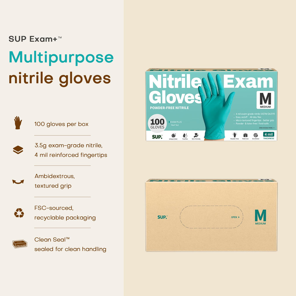 SUP Powder-Free Nitrile Exam Gloves, 100 Count Food Safe Latex-Free Disposable Gloves for Medical Cooking Cleaning Food Prep, Teal (Medium)