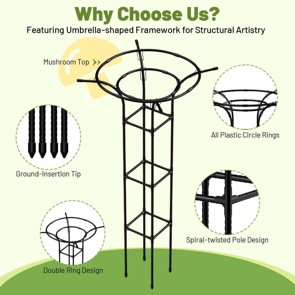 2pcs Garden Trellis for Climbing Plants Outdoor, 65 Inch Mushroom Top Trellis for Climbing Plants, Plant Trellis Support for Potted Plants Climbing Vine Rose Clematis Vegetable Trellis