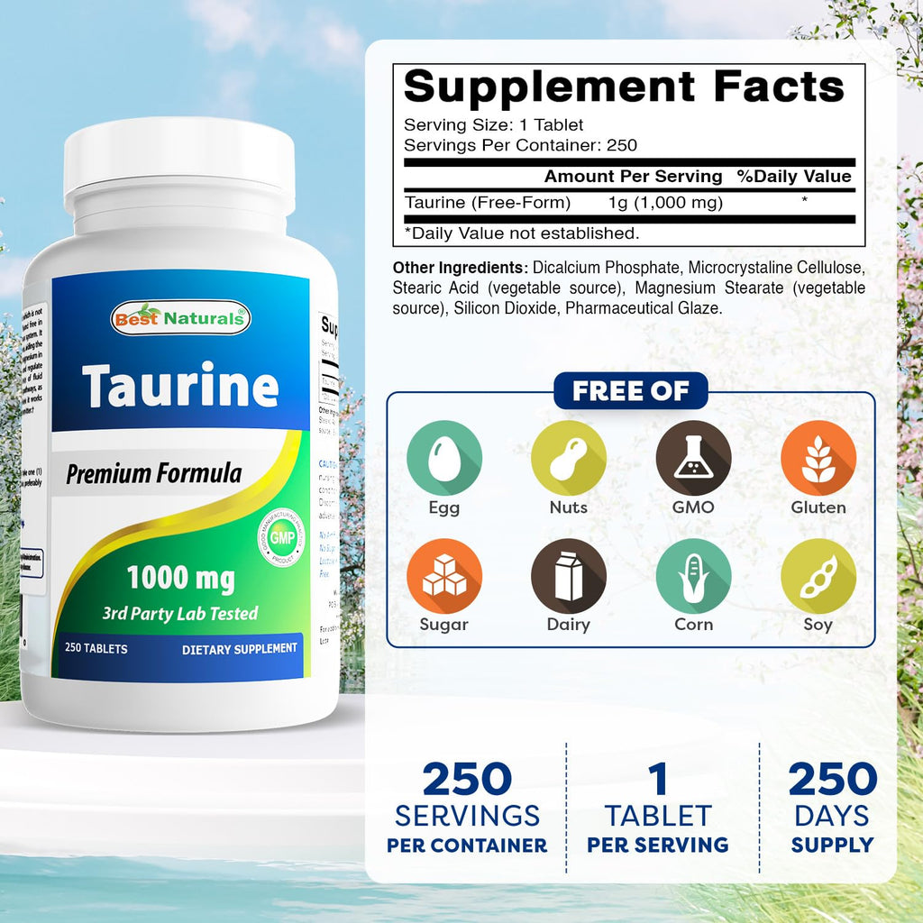 Best Naturals Taurine 1000 mg 250 Tablets (250 Count (Pack of 2))