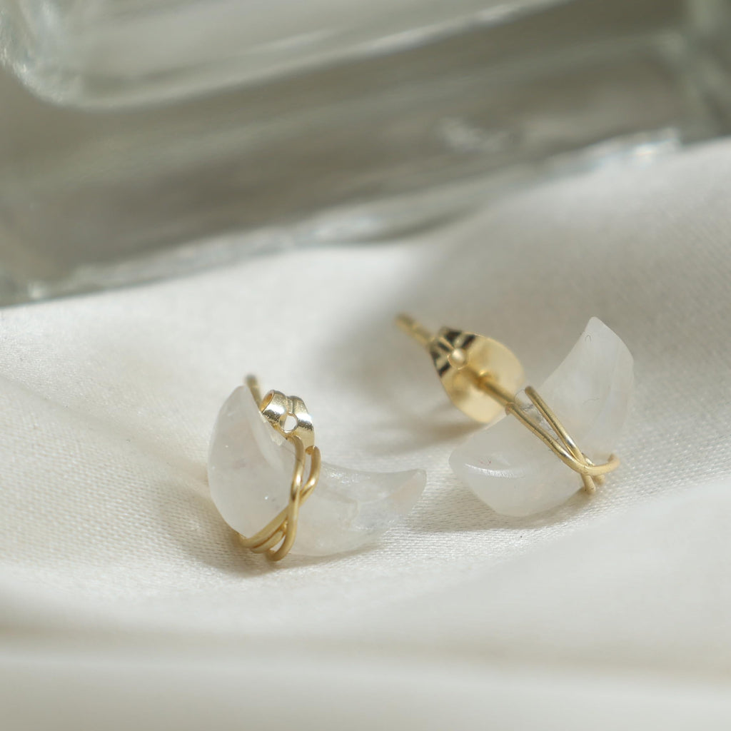 Gempires Rainbow Moonstone Half Moon Stud Earrings for Women