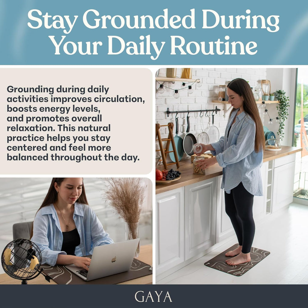 GAYA Grounding Mat for Feet, Sleep Improvement, Back Pain Relief, Muscle Relaxation & Stress, 2X 15ft Cord, 100K Ohm Resistor | Conductive Carbon | Earthing Pads for Bed Couch, Desk (24''X16'')