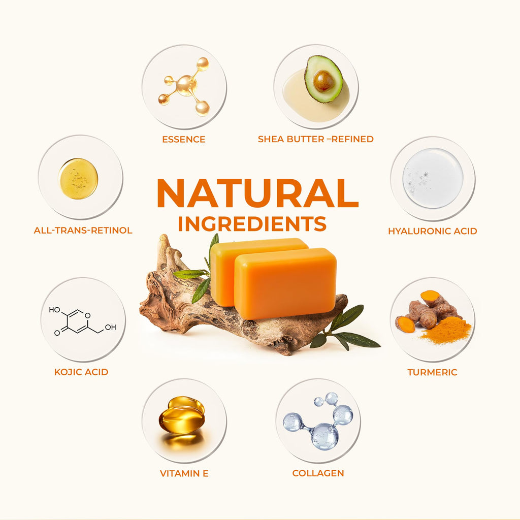 KlearBloom Kojic Acid Soap, Turmeric Soap Bar for Dark Spots Brightening & Moisturizing with Collagen, Vitamin E, Retinol, Hyaluronic Acid, Shea Butter, Paraben & Sulfate-Free 105g x4 Bars