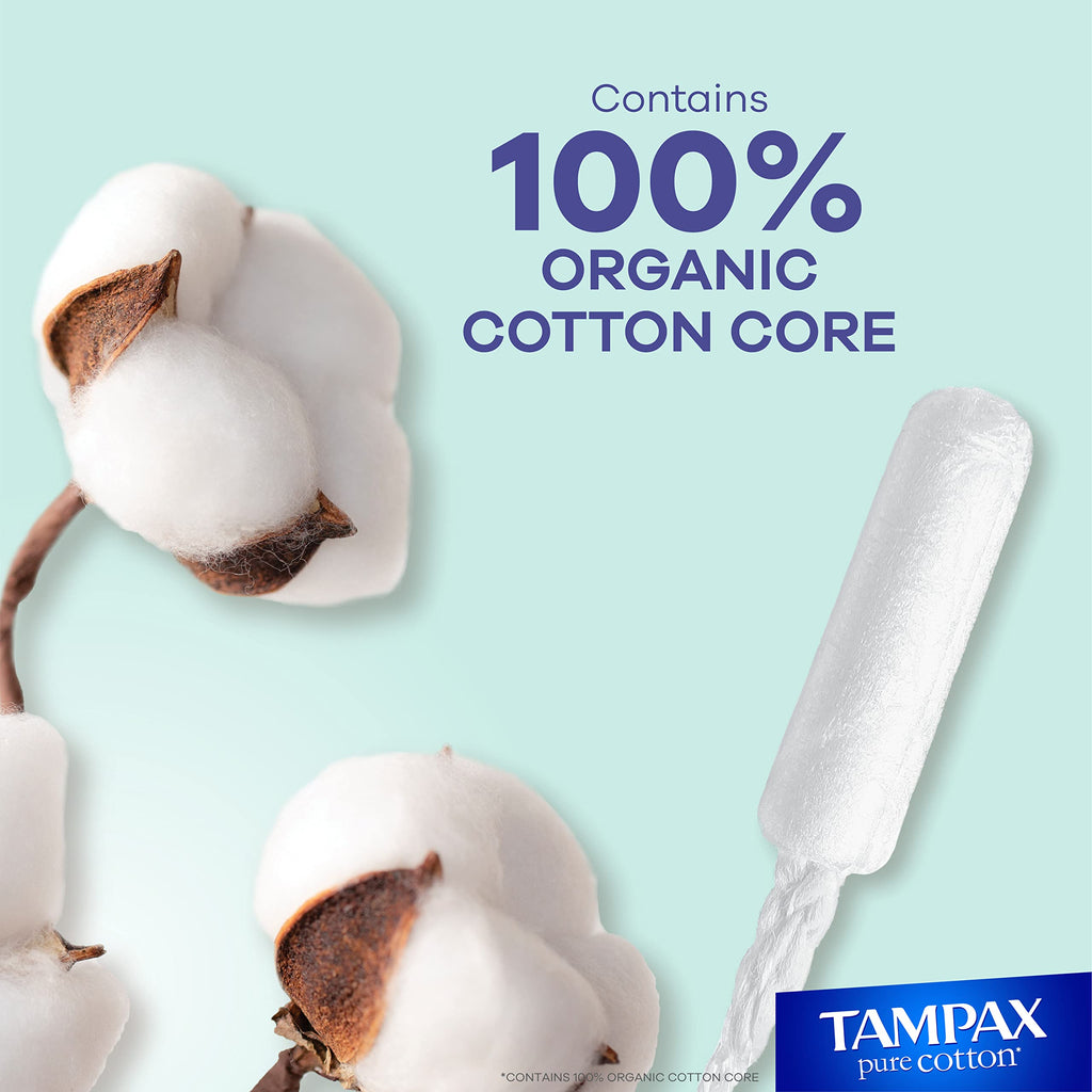 Tampax Pure Cotton Tampons, Contains 100% Organic Cotton Core, Regular/Super Absorbency, unscented, 22 Count x 3 Packs (66 Count Total)