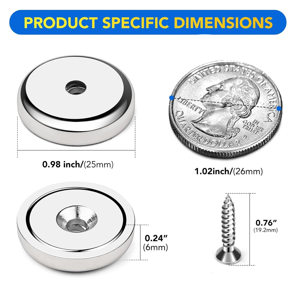 DIYMAG Neodymium Round Base Cup Magnet, Strong Rare Earth Magnetic with Heavy Duty Countersunk Hole and Stainless Screws for Refrigerator Magnets,Lights,Office,Craft,0.98 Inch-Pack of 50