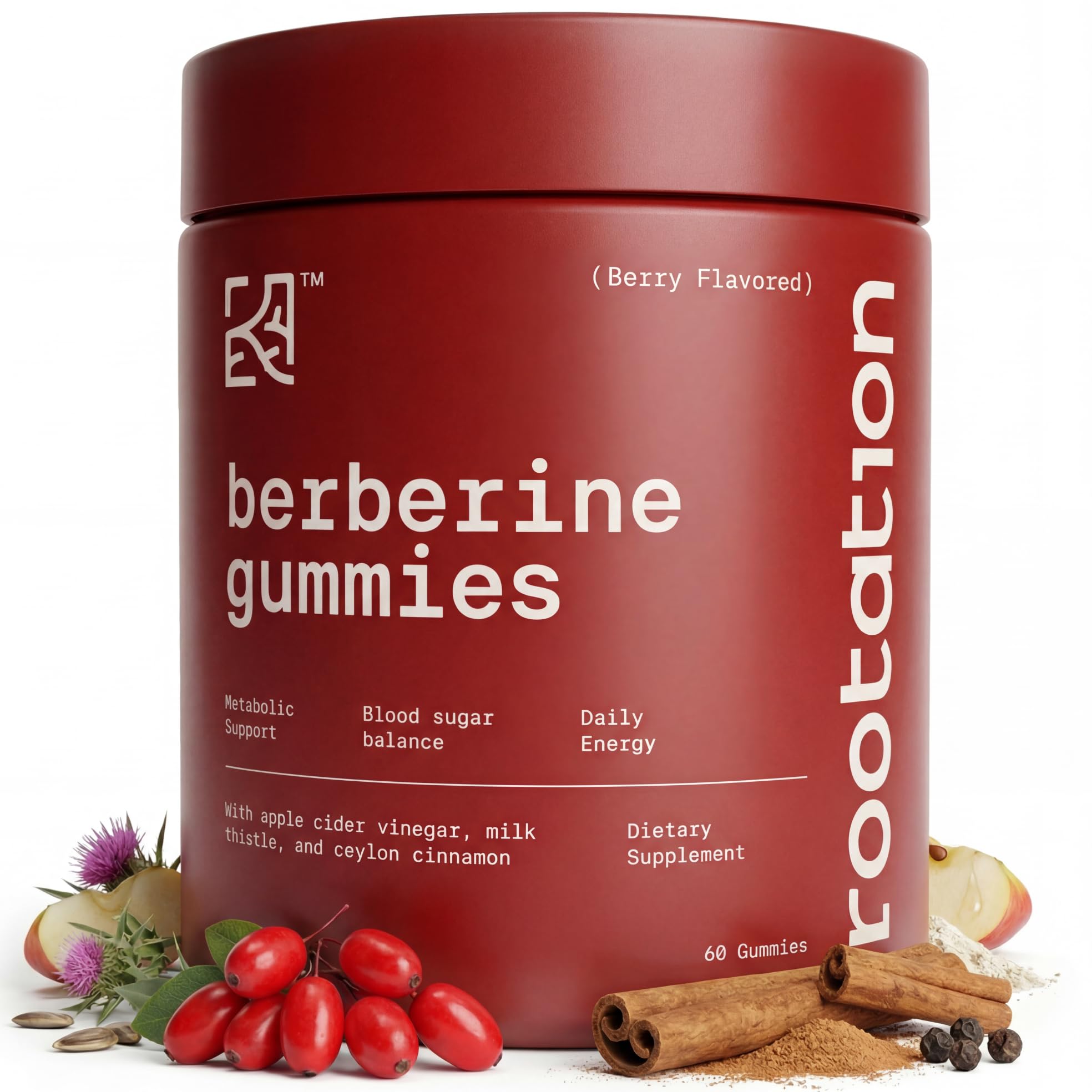 Rootation Berberine HCL 500mg Gummies with Ceylon Cinnamon, Milk Thistle, Apple Cider Vinegar & Inulin Fiber - Zero Sugar Vegan Non-GMO Supplement - 60 Count
