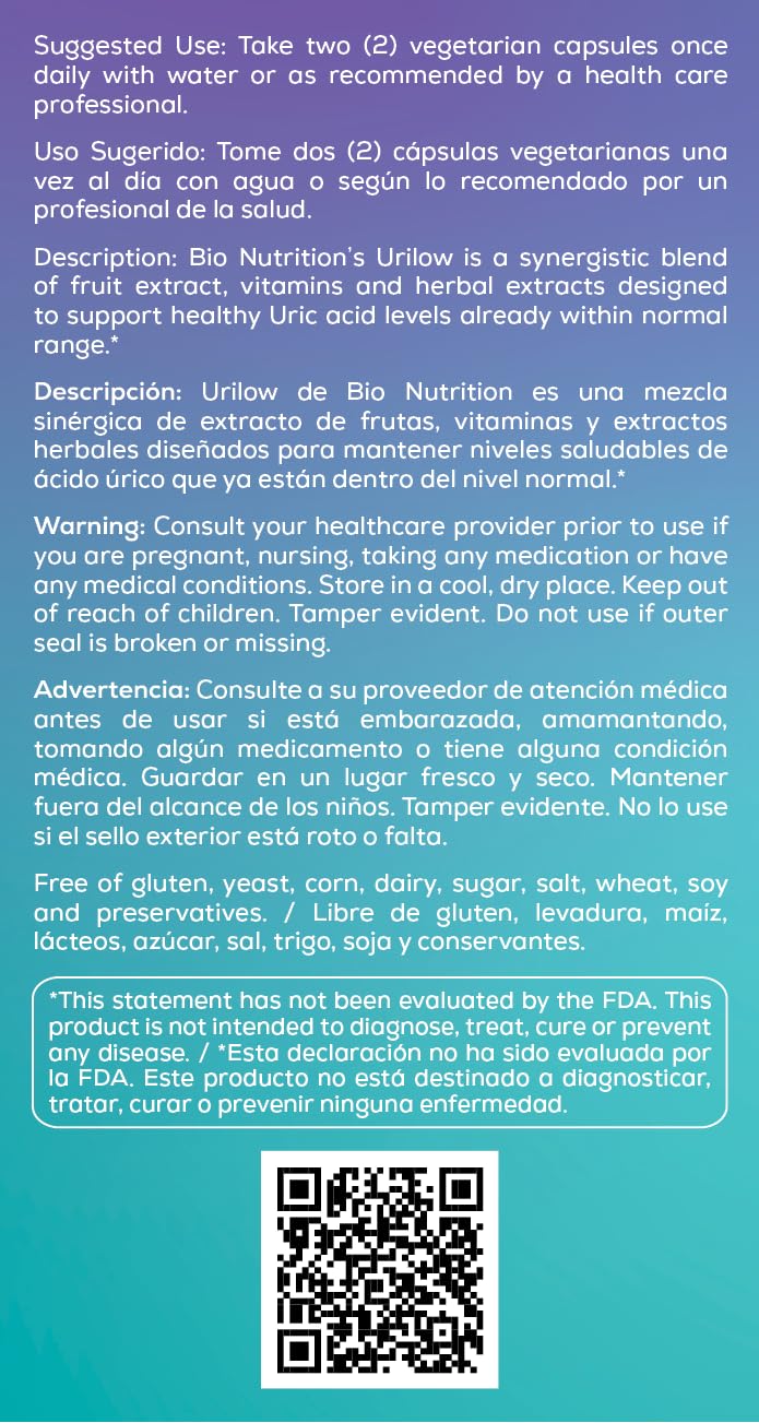 Bio Nutrition 2 Pack Urilow 60 Vegetarian Capsules | Natural Support for Urinary Health | Promotes a Healthy Uric Acid Balance