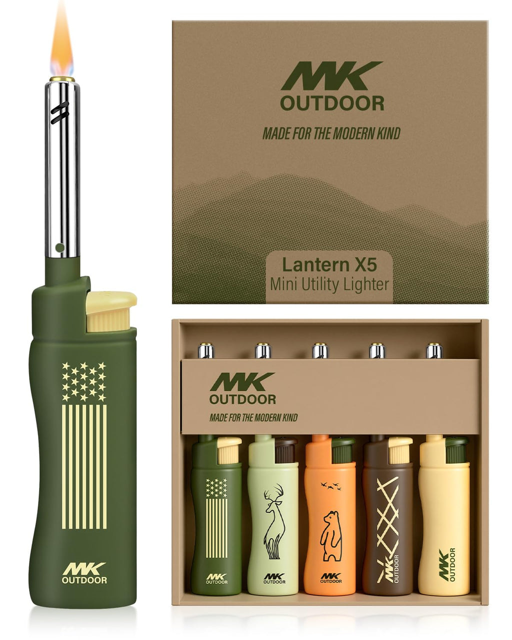 MK Lighter 5pcs. Outdoor Series Candle Lighters, Windproof Torch Flame, BBQ Grills, Camping Lighters, Outdoor Activities, Refillable Butane, Multipurpose Lighters (Assorted-5pc)