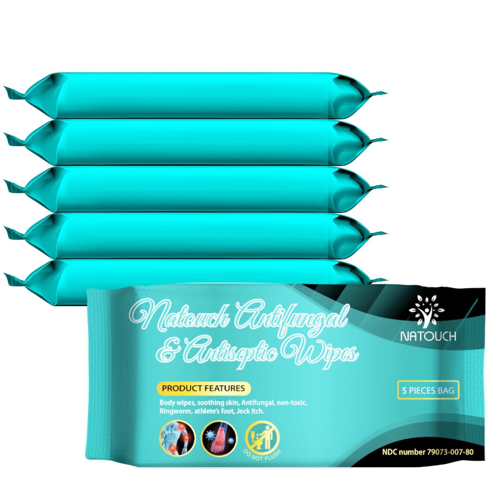 Natouch Antifungal Body Wipes, 30 Counts(6 Packs of 5) Travel Wipes, Non-Toxic Skin Camp Wipes Help Athletes Foot, Jock Itch, Ringworm. Rinse Free Gym Wipes for Wrestling, Martial Arts