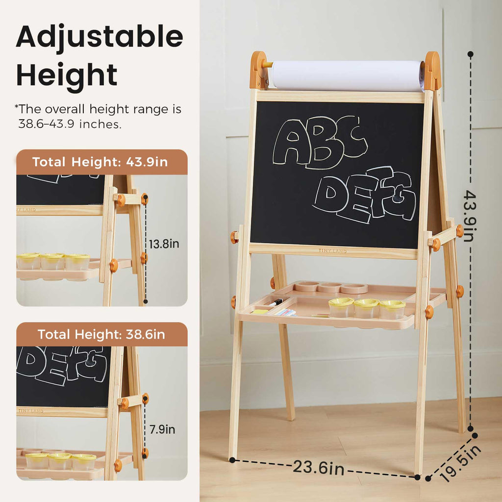 Tiny Land Easel for Kids, Double-Sided Magnetic Easel, Adjustable Wooden Kids Art Easel with Paper Roll, Learning-Toy for 3,4,5,6,7,8 Years Old Boy & Girls