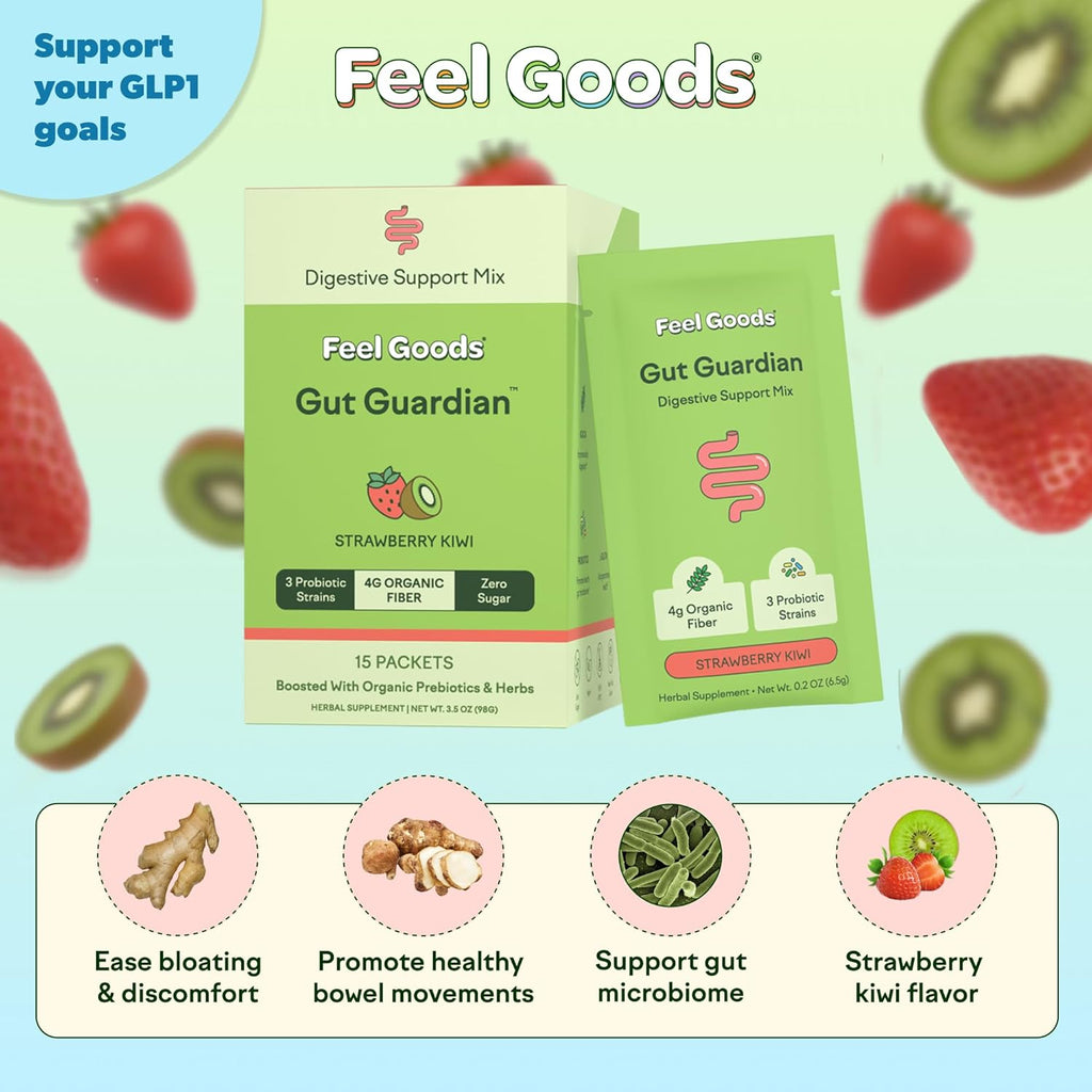Feel Goods Gut Guardian, Digestive Health Powder Packets - Probiotic Fiber Powder with Prebiotics & L Glutamine for Gut Health, Bloating Relief & Digestion Support - Zero Sugar & Organic Flavor