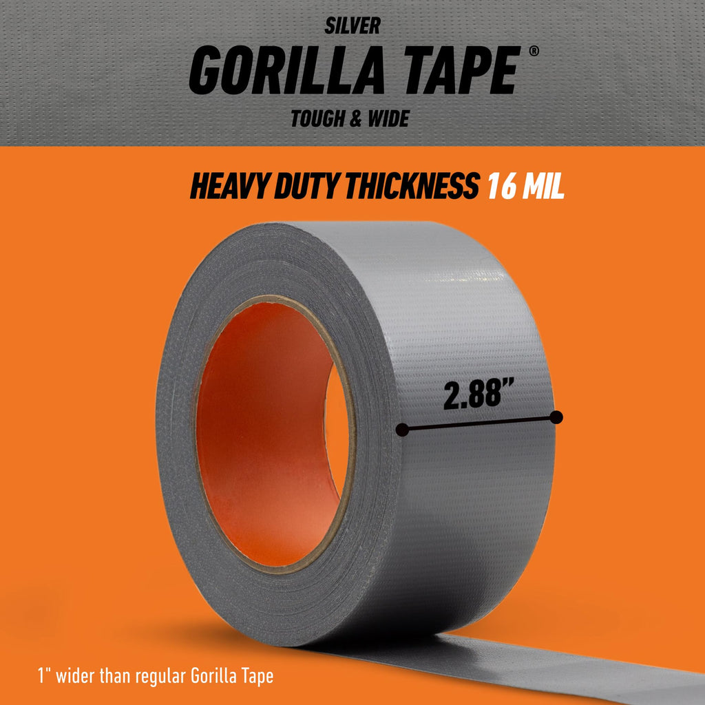 GORILLA Tough & Wide Heavy Duty Duct Tape, Silver, 2.88" x 25 yd, 1-Pack