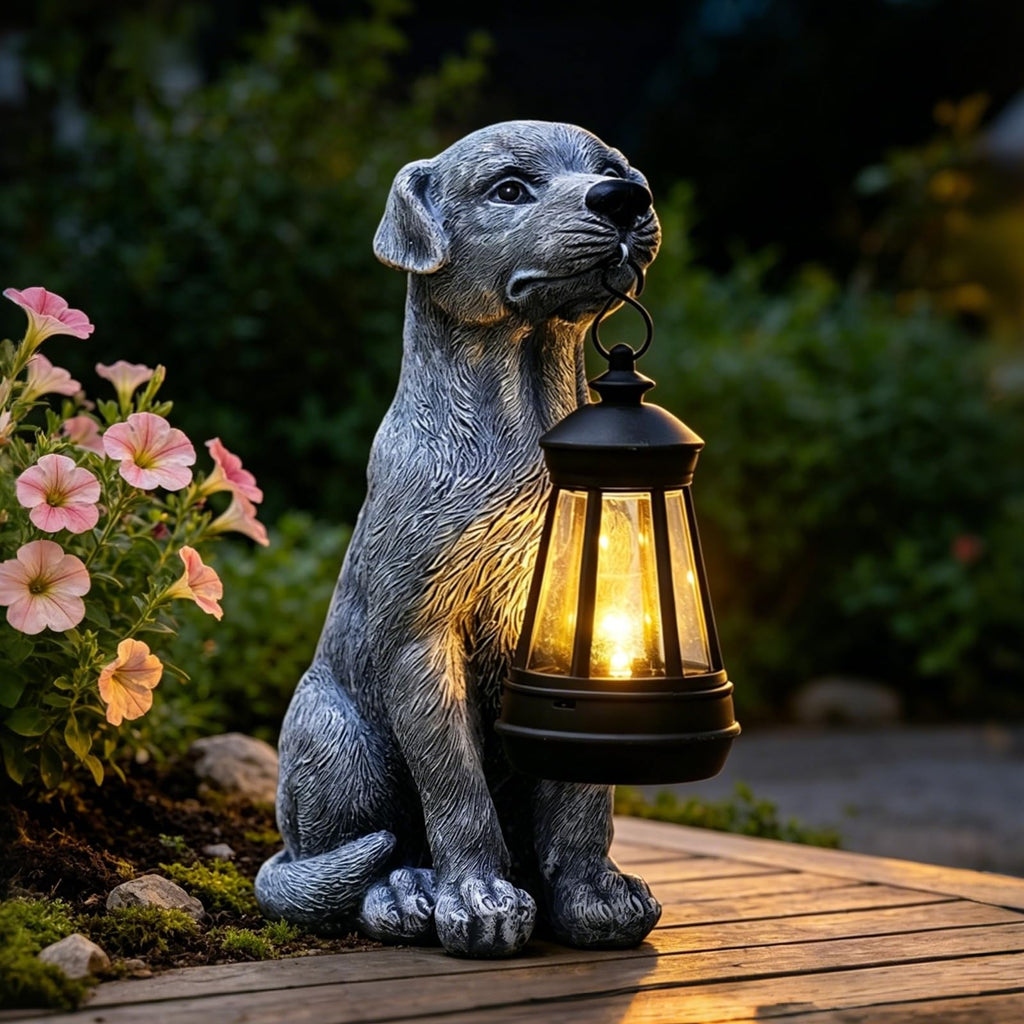 Goodeco Dog Statue with Solar Lantern - Cute Garden Dog Figurines