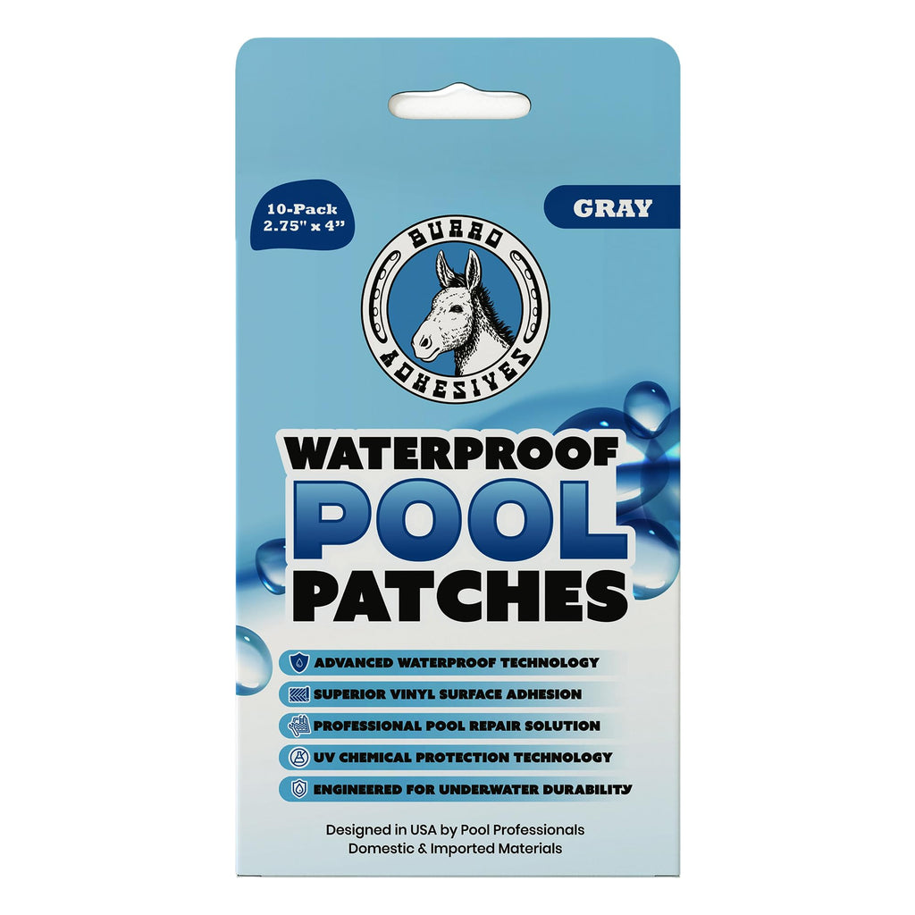 Burro Adhesives 10-Pack Waterproof Gray Pool Patches - Professional Grade PVC Repair Kit with 2.75" x 4" Heavy Duty Patches for Commercial & Residential Vinyl Liner Pools, Works Underwater & Dry