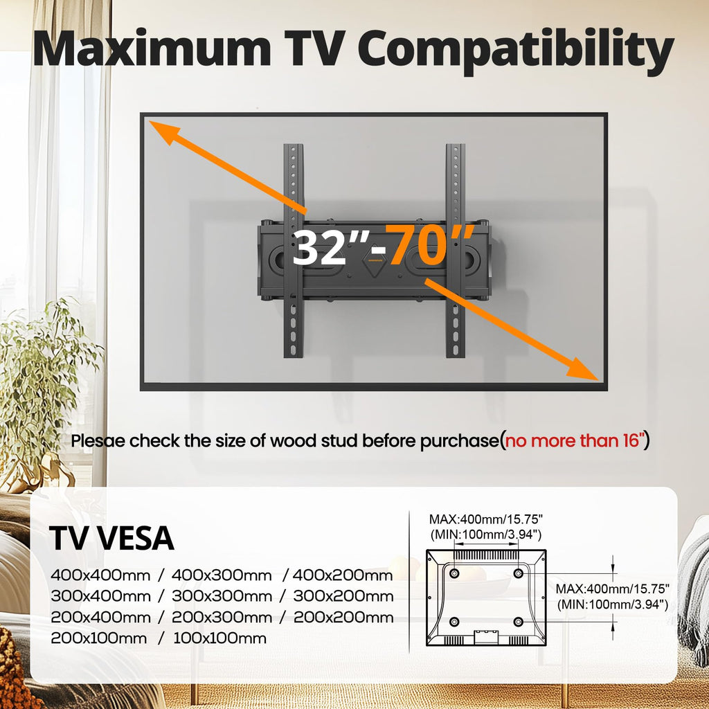 IWORKBOARD 50 55 65 inch Full Motion TV Wall Mount for 32-70 inch TV Bracket,Dual articulating Arms Mount, Tilt Swivel Extension Level, Max VESA 400x400mm, 16" Studs, 110 lbs,Fit Most 40 43 50+ TVs
