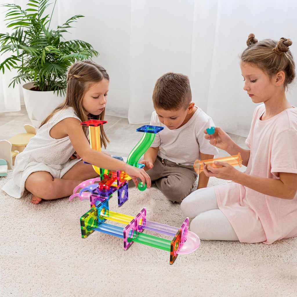 PicassoTiles Magnetic Tiles Marble Run Building Blocks Rainbow Color with Slide Drop Funnels Tubes STEM Educational Toy Set Compatible Durable Construction Kit for Kids Age 3+ Preschool Learning PTG40