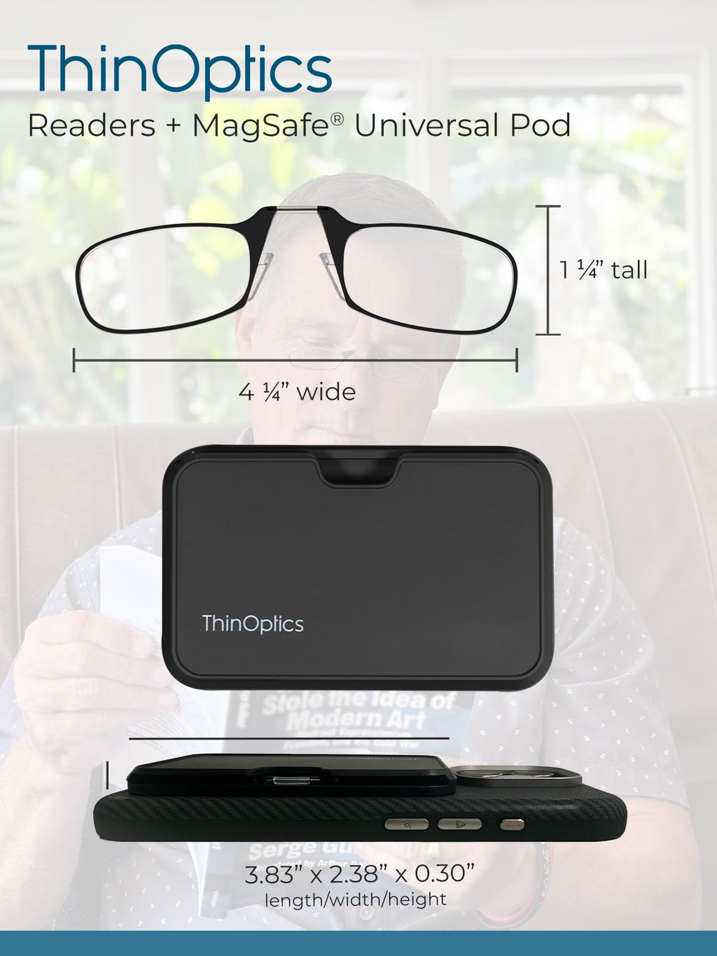 ThinOptics Readers with Magsafe Compatible Case - Armless On-Nose Reading Glasses - Slim Case Attaches to Phone - Clear 1.5x